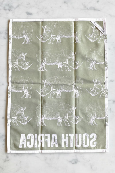 African Jacquard Wildlife ティータオル Rhinos Green