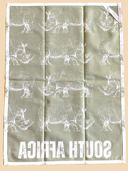 African Jacquard Wildlife ティータオル Rhinos Green