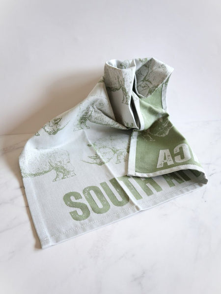 African Jacquard Wildlife ティータオル Rhinos Green