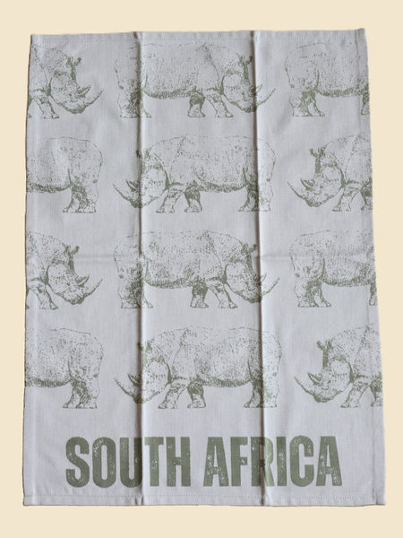 African Jacquard Wildlife ティータオル Rhinos Green