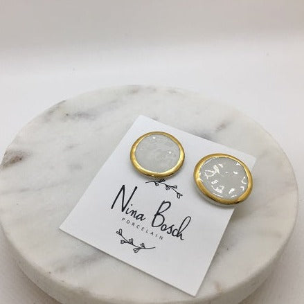 Nina Bosch 南アフリカ陶器 Round Gold Rim ピアス(L)(White)