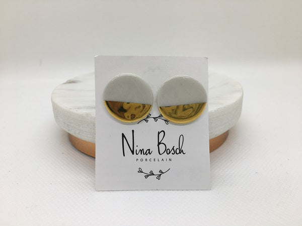 Nina Bosch 南アフリカ陶器 Round Gold Top ピアス(L)(White)
